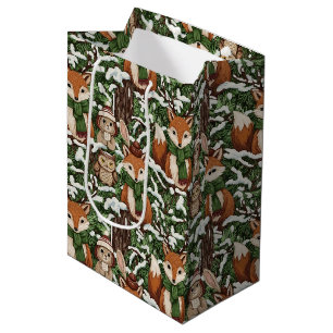 Festive Green Woodland Wildlife Christmas Pattern Medium Gift Bag