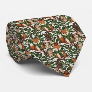 Festive Green Woodland Wildlife Christmas Pattern Tie