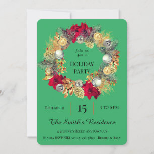 Festive Green Wreath Holiday Party Cute Elegant Invitation