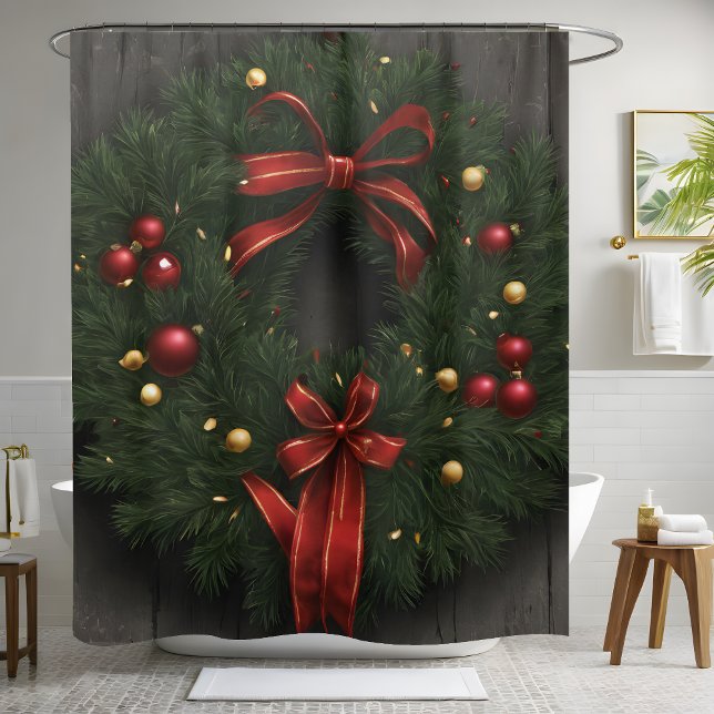 Festive Green Wreath Red Bow Christmas  Shower Curtain (Creator Uploaded)