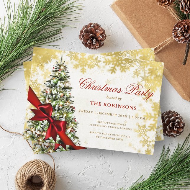 Festive Green Xmas Pine Tree, Gold & Red Ribbon  Invitation (Festive Green Xmas Pine Tree, Gold & Red Ribbon Invitation)