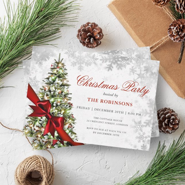 Festive Green Xmas Pine Tree, Silver & Red Ribbon  Invitation (Festive Green Xmas Pine Tree, Silver & Red Ribbon Invitation)