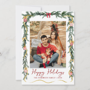 Festive Greenery & Bows Happy Holidays 1 Photo Holiday Card