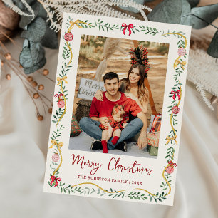 Festive Greenery & Bows Merry Christmas 1 Photo Holiday Card