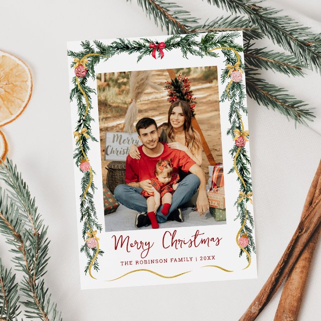 Festive Greenery & Bows Merry Christmas 1 Photo Holiday Card (Creator Uploaded)