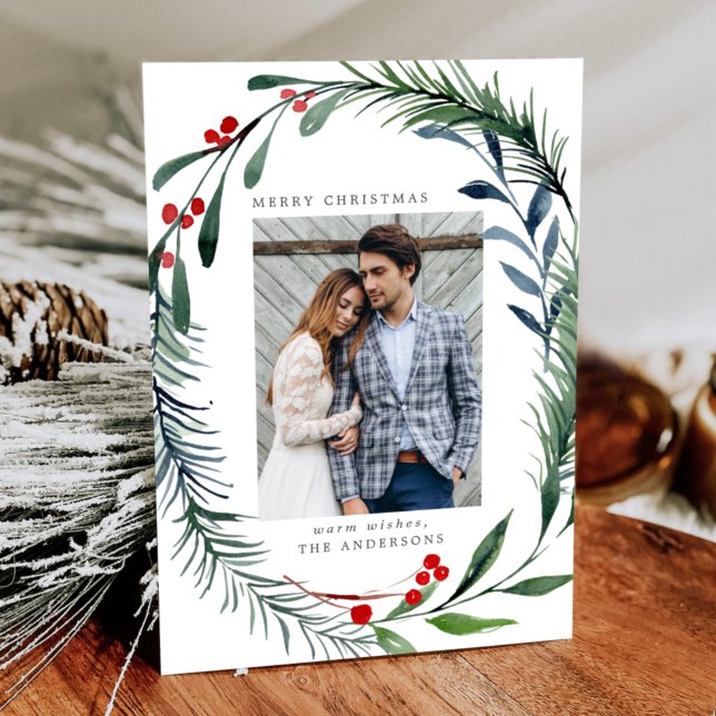 Festive Greenery & Holly Berries Wreath Photo Holiday Card (Creator Uploaded)