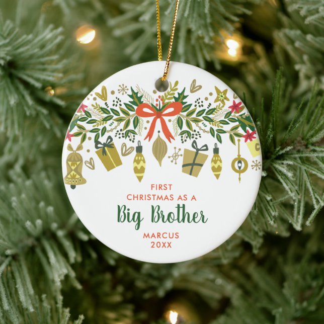Festive Greenery Personalised 1st Xmas Big Brother Ceramic Tree Decoration (Tree)