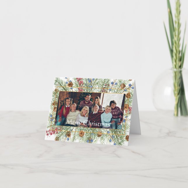 Festive greenery photo frame custom Christmas Holiday Card (Front)