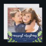 Festive Greenery Photo Holiday Card / Christmas<br><div class="desc">This modern Christmas photo card features watercolor holly berries,  leaves,  and branches on a navy blue background,  with the words "merriest christmas" in a stylish script font.  Easy to customise with your own photo and text.   Photography © Storytree Studios,  Stanford,  CA</div>