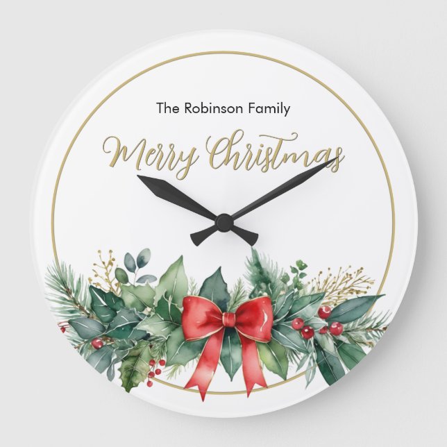 Festive Greenery Red Ribbon Elegant Christmas Large Clock (Front)
