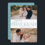 Festive Greeting | 2 Photo Joyous Hanukkah Holiday Card<br><div class="desc">Our festive and elegant Hanukkah card design is the perfect way to show off two of your favourite family photos. Design features "Joyous Hanukkah" in soft teal serif typography and hand lettered script,  along with your family name. Cards reverse to a white star pattern.</div>