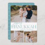 Festive Greeting | 3 Photo Joyous Hanukkah Holiday Card<br><div class="desc">Our festive and elegant Hanukkah card design is the perfect way to show off three of your favourite family photos. Design features "Joyous Hanukkah" in elegant dusty aqua serif typography and hand lettered script,  with your family name. Cards reverse to a white star pattern.</div>