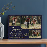 Festive Greeting | Joyous Hanukkah 3 Photo Collage<br><div class="desc">Our festive and elegant Hanukkah card design is the perfect way to show off 3 of your favourite family photos in a rounded collage layout. Design features "Joyous Hanukkah" in shining gold foil typography and hand lettered script, with your family name on a midnight blue background. Cards reverse to a...</div>