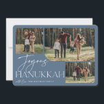 Festive Greeting | Joyous Hanukkah 3 Photo Holiday Card<br><div class="desc">Our festive and elegant Hanukkah card design is the perfect way to show off three of your favourite family photos. Horizontal or landscape orientated design features "Joyous Hanukkah" in white typography and hand lettered script,  with your family name beneath on a dusty slate blue background.</div>