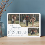 Festive Greeting | Joyous Hanukkah 3 Photo Holiday Card<br><div class="desc">Our festive and elegant Hanukkah card design is the perfect way to show off three of your favourite family photos. Horizontal or landscape orientated design features "Joyous Hanukkah" in dusty slate blue terracotta typography and hand lettered script,  with your family name beneath on a white background.</div>