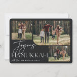 Festive Greeting | Joyous Hanukkah 3 Photo Holiday Card<br><div class="desc">Our festive and elegant Hanukkah card design is the perfect way to show off three of your favourite family photos. Horizontal or landscape orientated design features "Joyous Hanukkah" in white typography and hand lettered script,  with your family name beneath on a black background.</div>