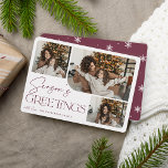 Festive Greeting | Season's Greetings 3 Photo Holiday Card<br><div class="desc">Our festive and elegant holiday card design is the perfect way to show off three of your favourite family photos. Horizontal or landscape orientated design features "Season's Greetings" in burgundy typography and hand lettered script,  with your family name beneath.</div>