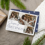 Festive Greeting | Season's Greetings 3 Photo Holiday Card<br><div class="desc">Our festive and elegant holiday card design is the perfect way to show off three of your favourite family photos. Horizontal or landscape orientated design features "Season's Greetings" in navy blue typography and hand lettered script,  with your family name beneath.</div>