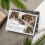 Festive Greeting | Season's Greetings 3 Photo Holiday Card<br><div class="desc">Our festive and elegant holiday card design is the perfect way to show off three of your favourite family photos. Horizontal or landscape orientated design features "Season's Greetings" in soft ash black typography and hand lettered script,  with your family name beneath.</div>