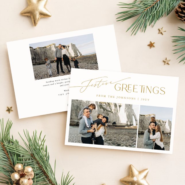 Festive Greetings | Gold White 3 Photo Christmas Holiday Card (Creator Uploaded)