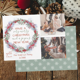 Festive Greetings Merry Christmas Wreath 2 Photo Holiday Card