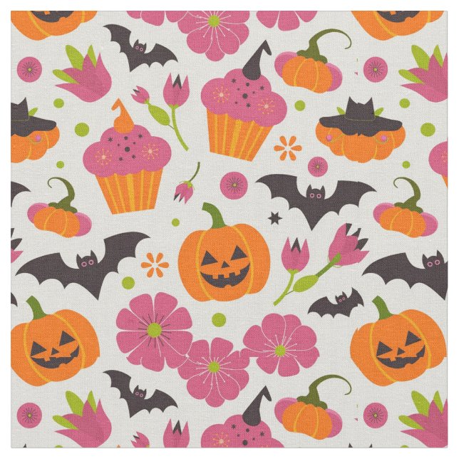 Festive Halloween | Cupcakes, Pumpkin & Bats Fabric (Close Up)