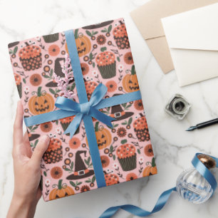Festive Halloween Pattern Witches, Pumpkin, Bats Wrapping Paper