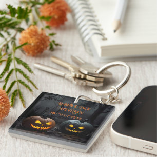 Festive Halloween Pumpkins and Floral Pattern Key Ring