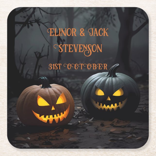 Festive Halloween Pumpkins and Floral Pattern Square Paper Coaster (Front)