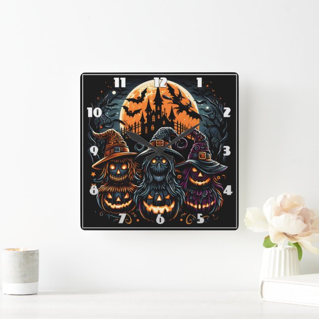 Festive Halloween pumpkins glowing under moonlight Square Wall Clock (Home)