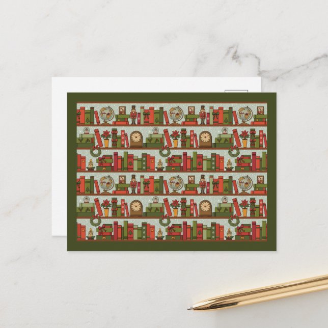 Festive Hand Drawn Bookshelf - Holiday Postcard (Front/Back In Situ)