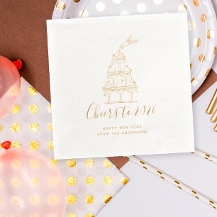 Festive Hand Drawn Cheers to New Year Party Gold Foil Napkins