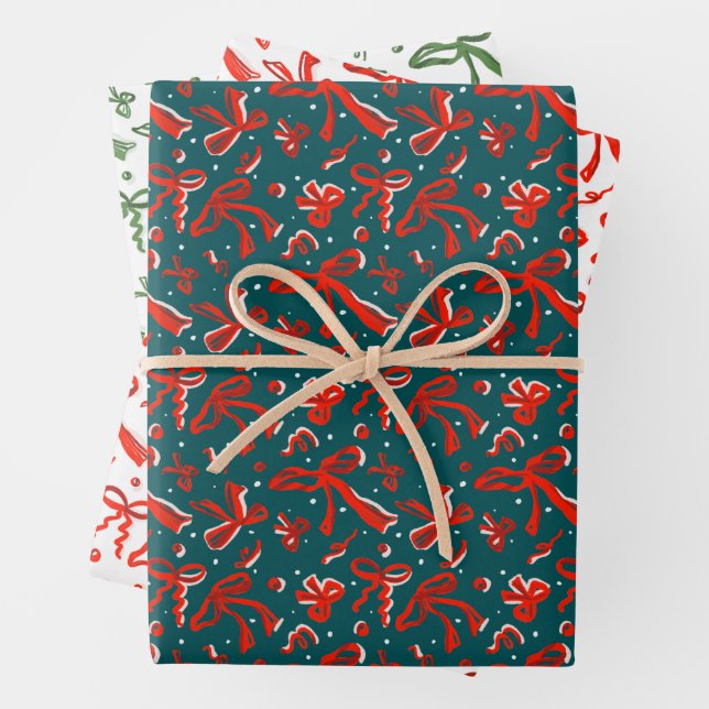 Festive Hand Drawn Doodle Bows and Ribbons Pattern Wrapping Paper Sheet (In situ)