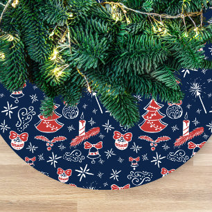 Festive Hand Drawn Doodles Custom Name Fleece Tree Skirt