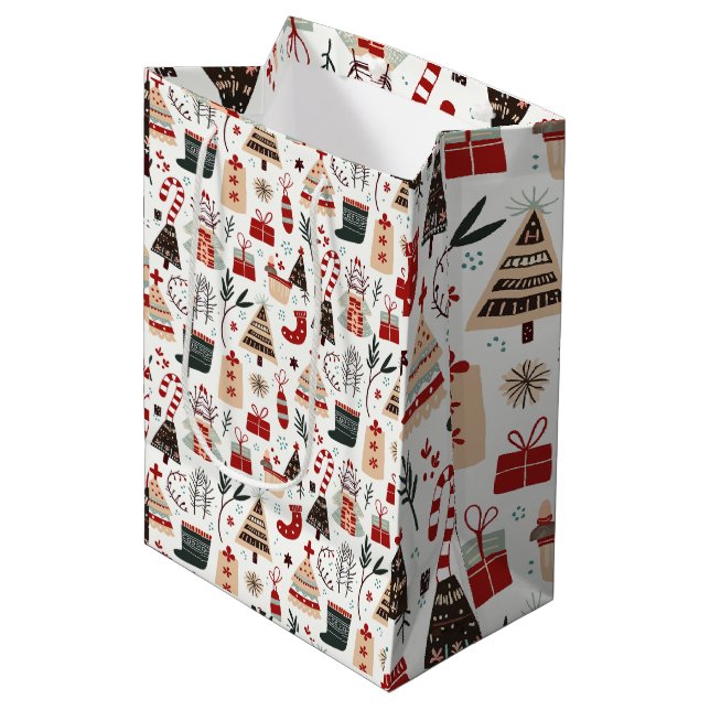Festive Hand-Drawn Patterns Medium Gift Bag (Front Angled)
