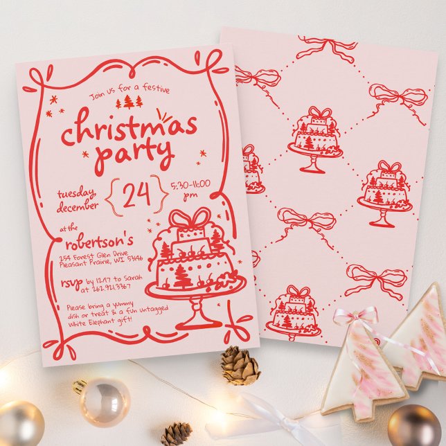 Festive Hand Drawn Red & Pink Bow Christmas Party Invitation (Creator Uploaded)