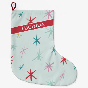 FESTIVE hand drawn star sparkle modern colourful Large Christmas Stocking