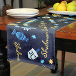 Festive Hanukkah Personalised Menorah Dreidel Short Table Runner<br><div class="desc">Set a festive Hanukkah Party Table & delight your lucky recipient with a Table Runner designed just for Chanukah! Include YOUR family name on this design to make this Chanukah gift your own. Our Hanukkah Personalised Menorah Dreidel Custom Table Runner includes menorahs, dreidels, jugs of olive oil, jelly doughnuts, and...</div>