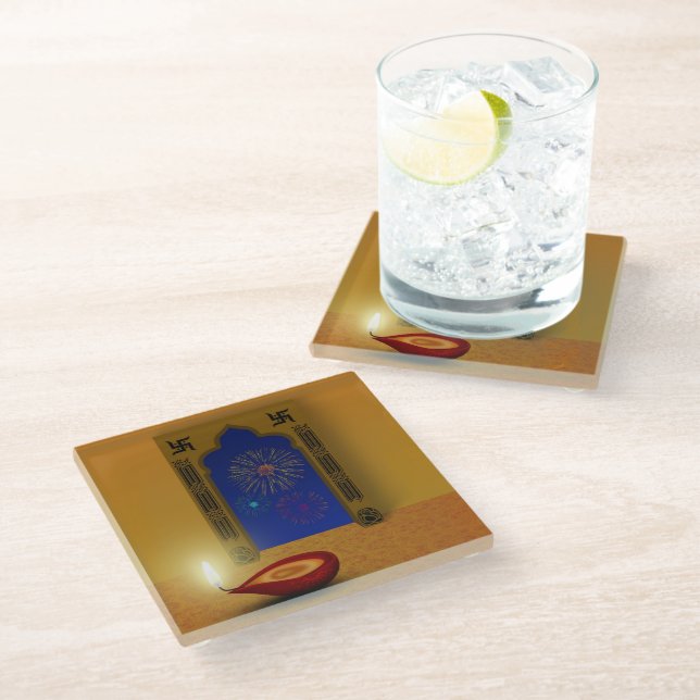 Festive Happy Diwali Fireworks - Glass Coaster (Angled)