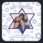 Festive Happy Hanukkah Star of David Photo Frame Square Sticker<br><div class="desc">These fun stickers make great gift tags or envelope seals. They feature a cute design with a Star of David photo frame where you can upload your picture. The background is white with lots of festive blue stars of David resembling snowflakes. Great way to add a whimsical touch to your...</div>