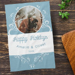 Festive Happy Holidays Foliage Blue Couple Photo  Tea Towel<br><div class="desc">Festive Happy Holidays Foliage Blue Couple Photo kitchen towel. Lovely white foliage on a blue background. Personalise the towel with your names,  photo and year.</div>
