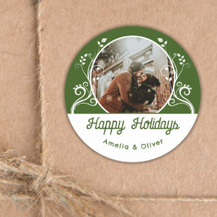 Festive Happy Holidays Foliage Green Couple Photo Classic Round Sticker