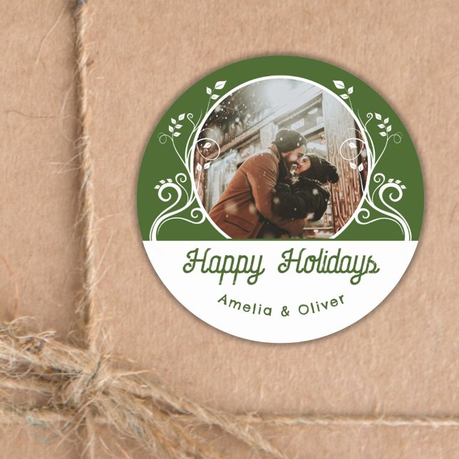 Festive Happy Holidays Foliage Green Couple Photo  Classic Round Sticker (Creator Uploaded)