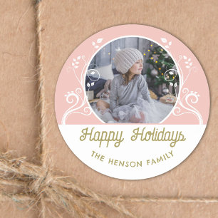 Festive Happy Holidays Foliage Pink Family Photo  Classic Round Sticker