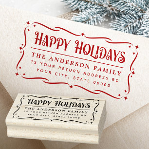 Festive Happy Holidays greeting return address Rubber Stamp