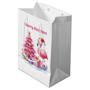 Festive Happy Holidays pink flamingo Medium Gift Bag