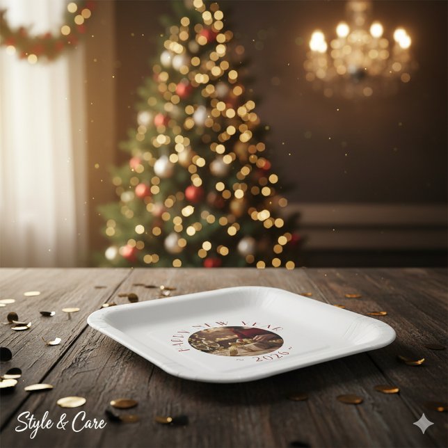 Festive Happy New Year Custom Photo Text Party Paper Plate (Festive Happy New Year Custom Photo Text Party Paper Plates)
