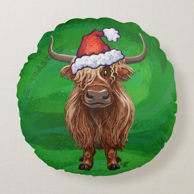 Festive Heads and Tails Highland Cow On Green Round Cushion (Front)