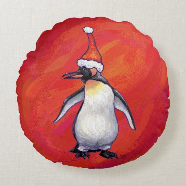 Festive Heads and Tails Penguin Round Cushion (Front)