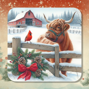 Festive Highland Cow and Cardinal Christmas Square Sticker